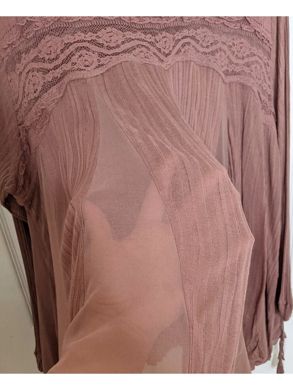 Free People Penny Lane Sheer Tunic Size XS Mauve BOHO Gauze Lace Oversized